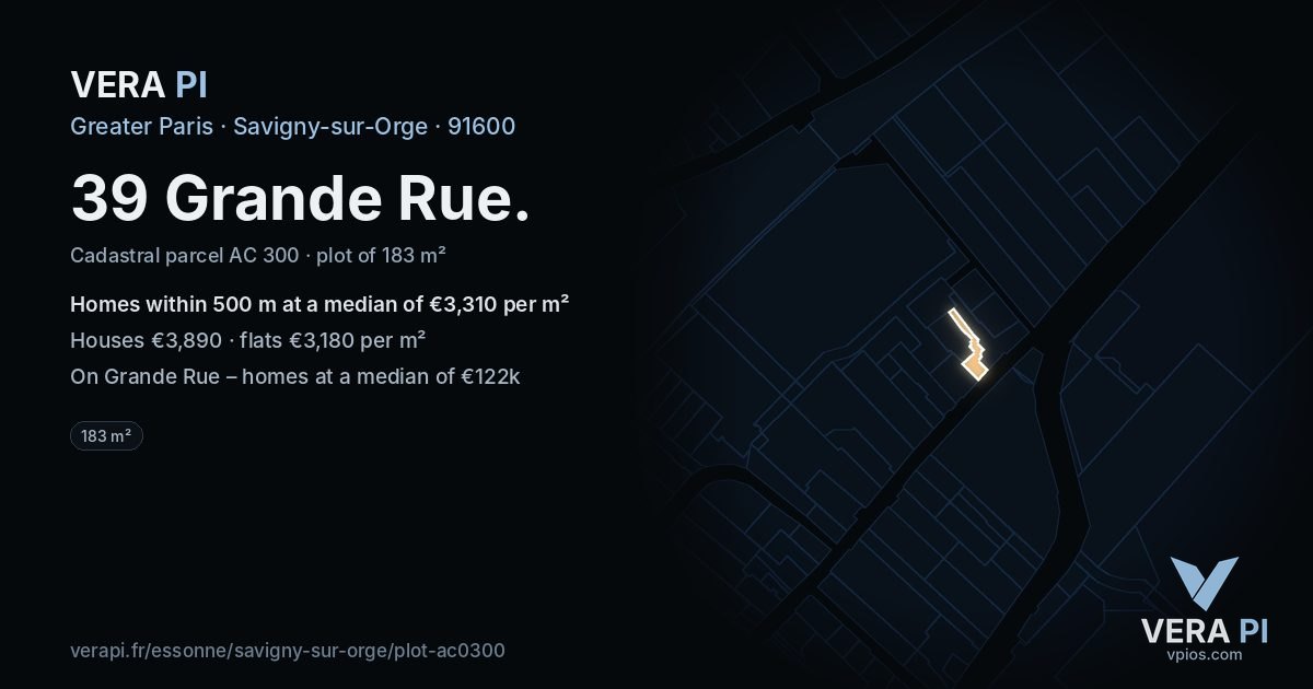 39 Grande Rue, Savigny-sur-Orge at night – the plot lit, the parcels around coloured by the prices near them