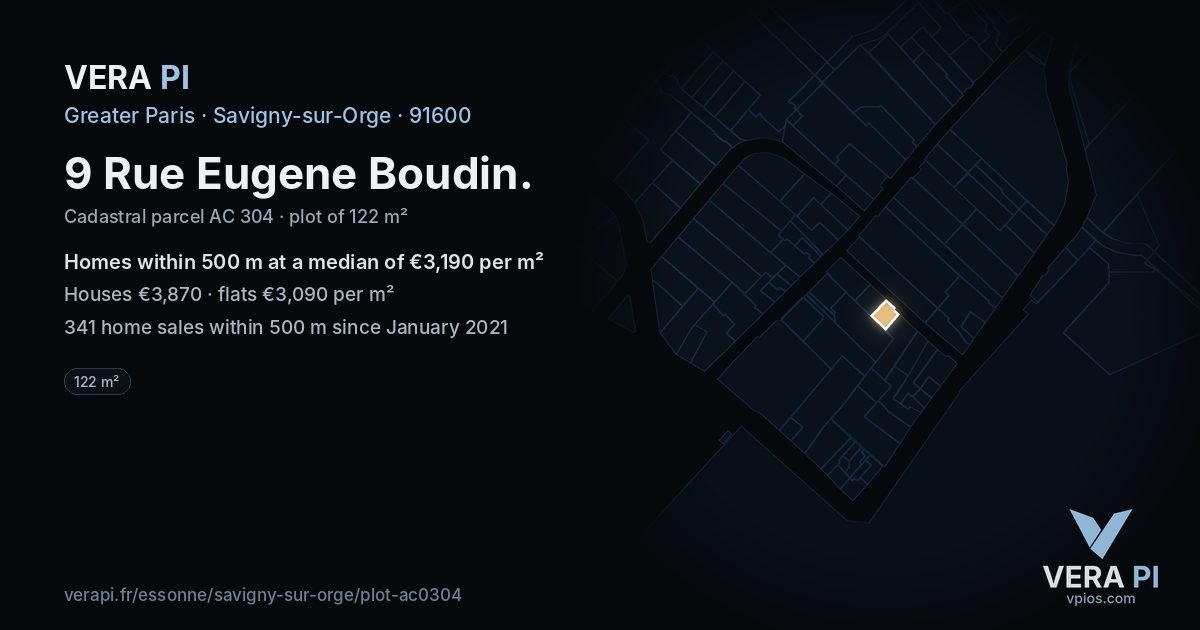 9 Rue Eugene Boudin, Savigny-sur-Orge at night – the plot lit, the parcels around coloured by the prices near them