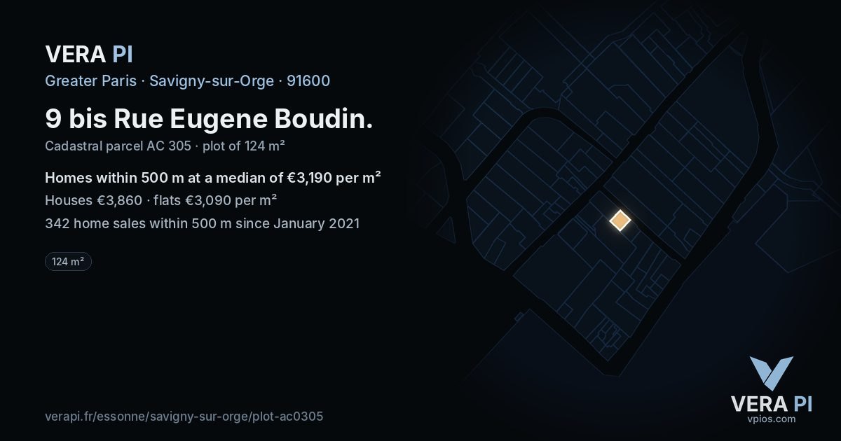 9 bis Rue Eugene Boudin, Savigny-sur-Orge at night – the plot lit, the parcels around coloured by the prices near them