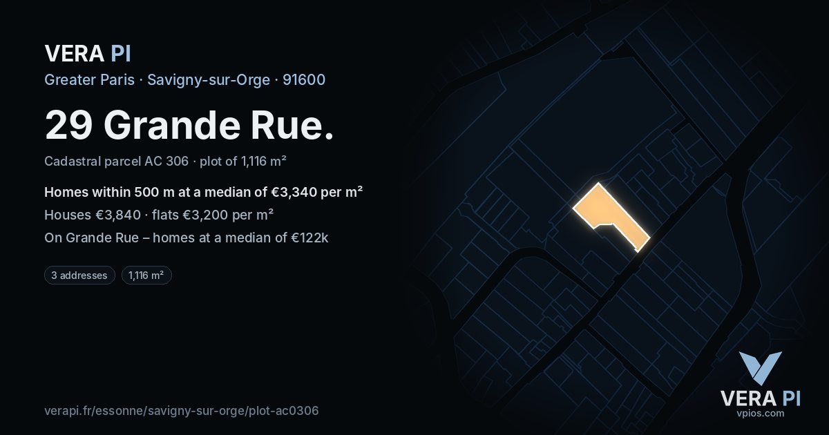 29 Grande Rue, Savigny-sur-Orge at night – the plot lit, the parcels around coloured by the prices near them