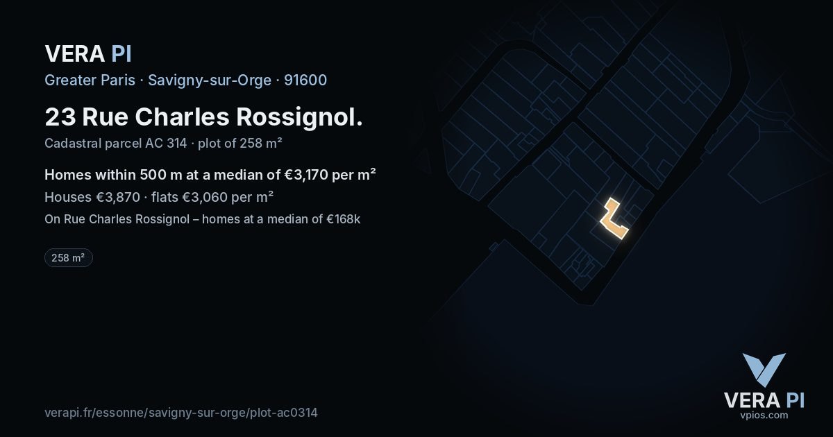 23 Rue Charles Rossignol, Savigny-sur-Orge at night – the plot lit, the parcels around coloured by the prices near them