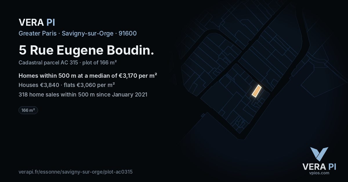 5 Rue Eugene Boudin, Savigny-sur-Orge at night – the plot lit, the parcels around coloured by the prices near them