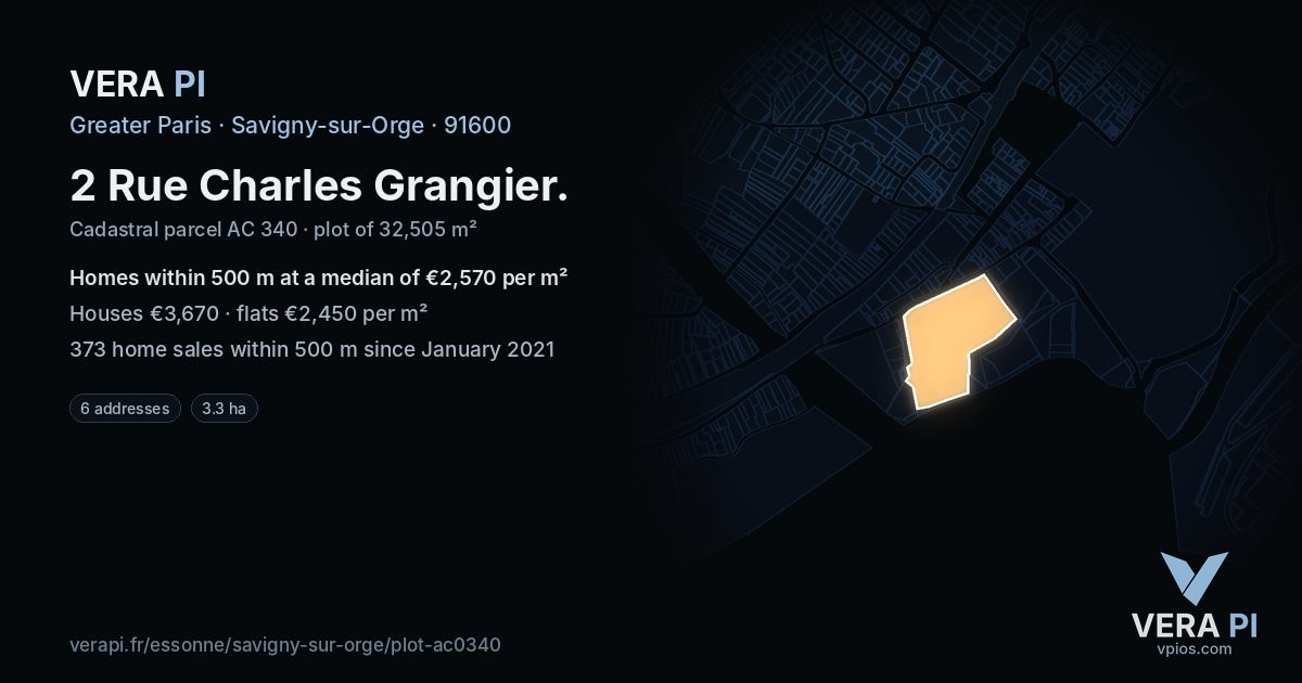 2 Rue Charles Grangier, Savigny-sur-Orge at night – the plot lit, the parcels around coloured by the prices near them