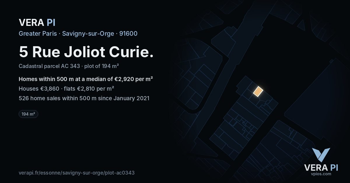 5 Rue Joliot Curie, Savigny-sur-Orge at night – the plot lit, the parcels around coloured by the prices near them