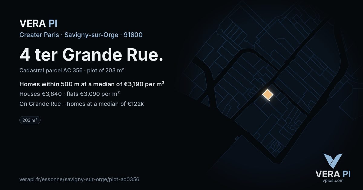 4 ter Grande Rue, Savigny-sur-Orge at night – the plot lit, the parcels around coloured by the prices near them