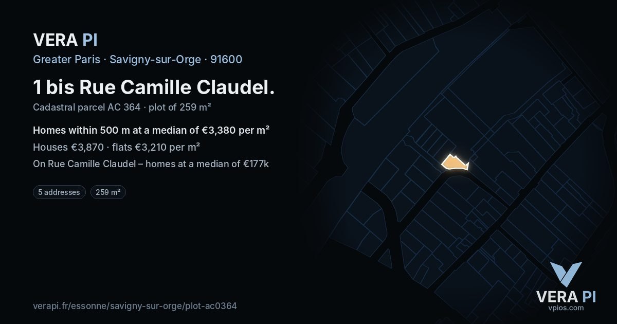 1 bis Rue Camille Claudel, Savigny-sur-Orge at night – the plot lit, the parcels around coloured by the prices near them