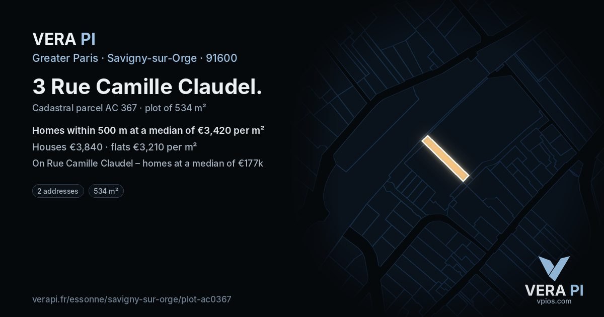3 Rue Camille Claudel, Savigny-sur-Orge at night – the plot lit, the parcels around coloured by the prices near them