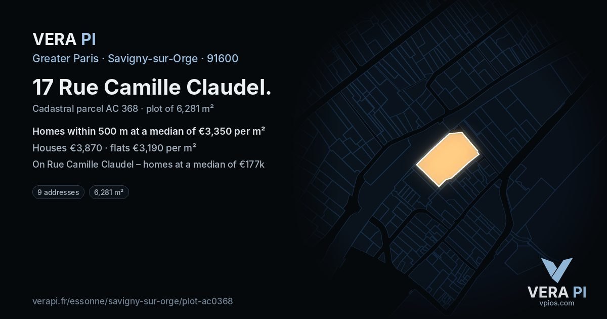 17 Rue Camille Claudel, Savigny-sur-Orge at night – the plot lit, the parcels around coloured by the prices near them