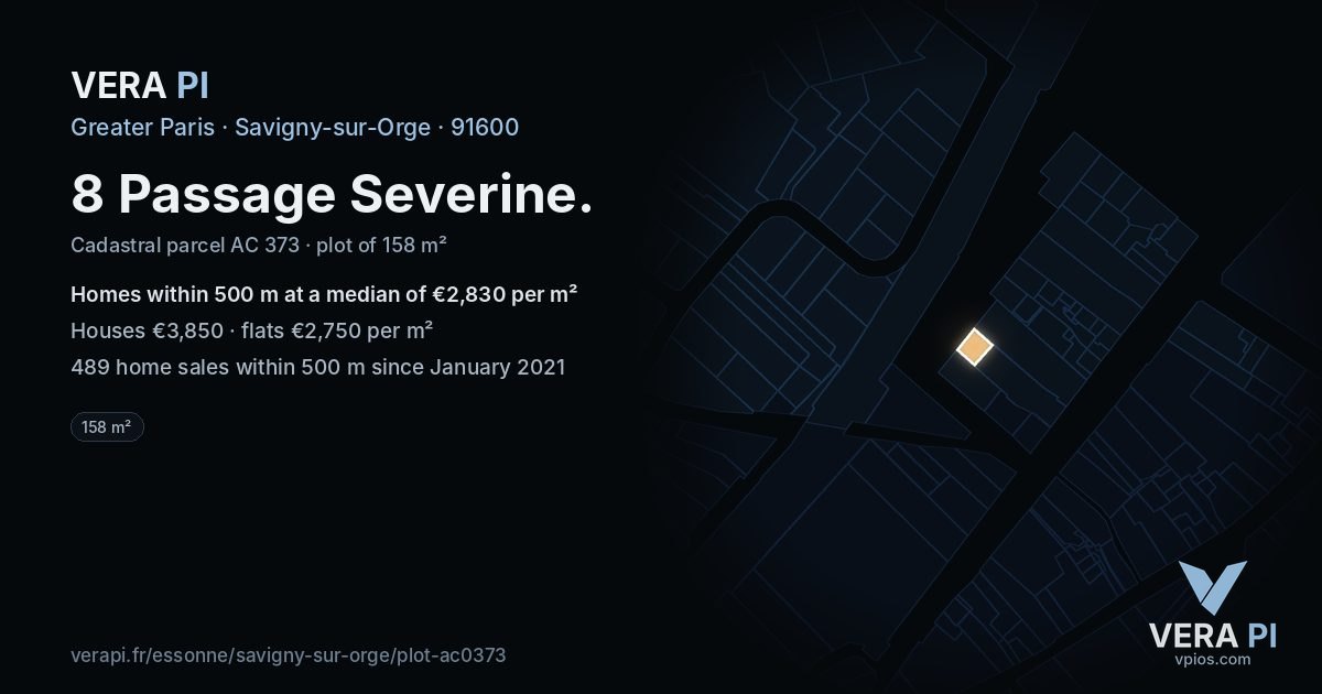 8 Passage Severine, Savigny-sur-Orge at night – the plot lit, the parcels around coloured by the prices near them