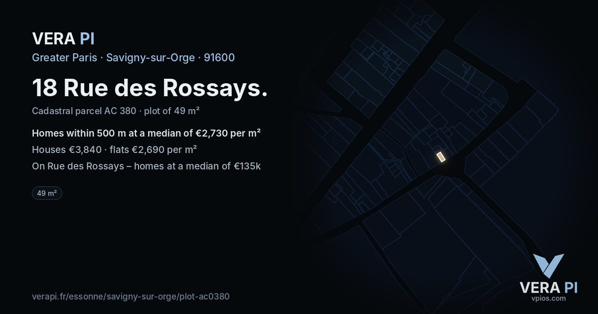 18 Rue des Rossays, Savigny-sur-Orge at night – the plot lit, the parcels around coloured by the prices near them
