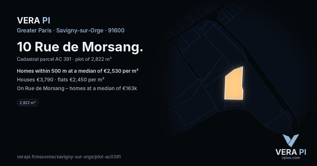 10 Rue de Morsang, Savigny-sur-Orge at night – the plot lit, the parcels around coloured by the prices near them