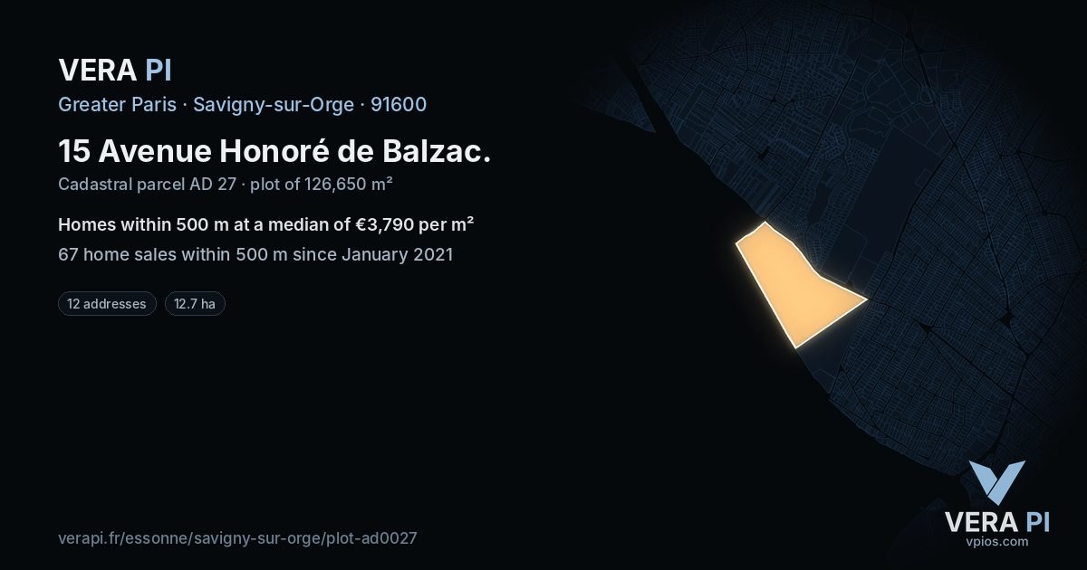 15 Avenue Honoré de Balzac, Savigny-sur-Orge at night – the plot lit, the parcels around coloured by the prices near them