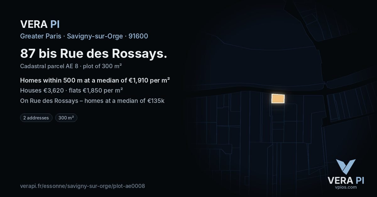 87 bis Rue des Rossays, Savigny-sur-Orge at night – the plot lit, the parcels around coloured by the prices near them