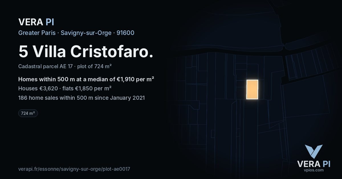 5 Villa Cristofaro, Savigny-sur-Orge at night – the plot lit, the parcels around coloured by the prices near them