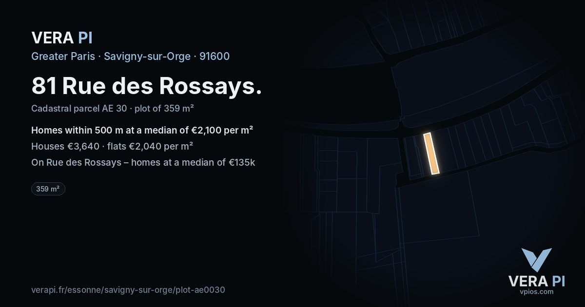 81 Rue des Rossays, Savigny-sur-Orge at night – the plot lit, the parcels around coloured by the prices near them