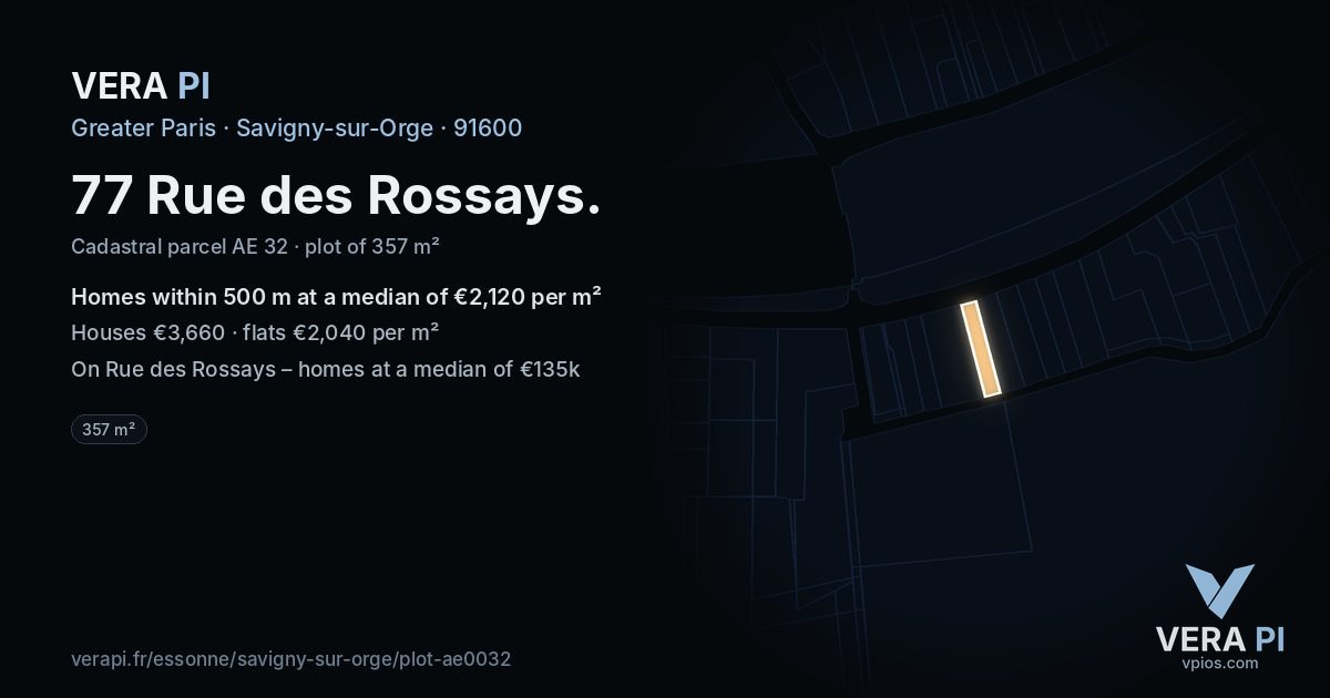 77 Rue des Rossays, Savigny-sur-Orge at night – the plot lit, the parcels around coloured by the prices near them