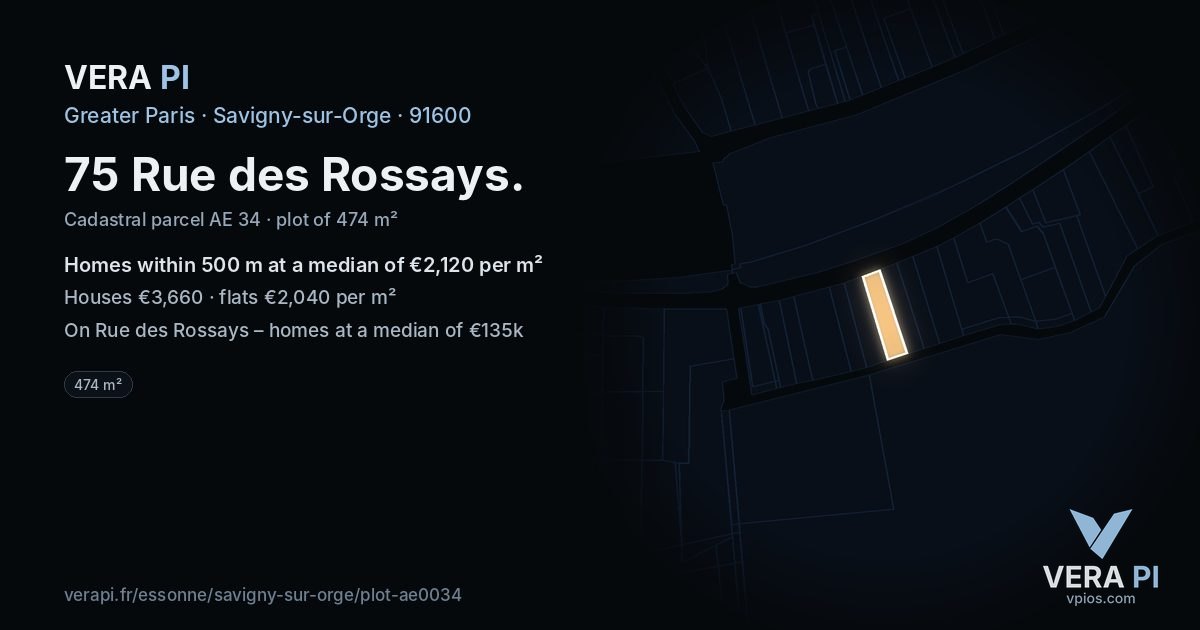 75 Rue des Rossays, Savigny-sur-Orge at night – the plot lit, the parcels around coloured by the prices near them