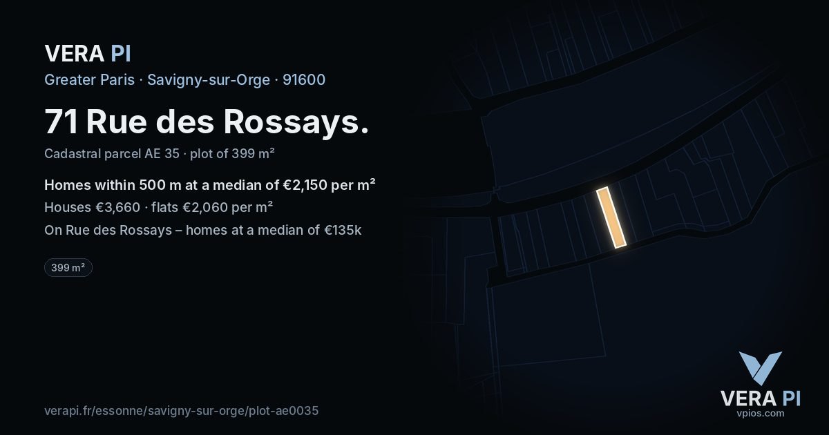 71 Rue des Rossays, Savigny-sur-Orge at night – the plot lit, the parcels around coloured by the prices near them