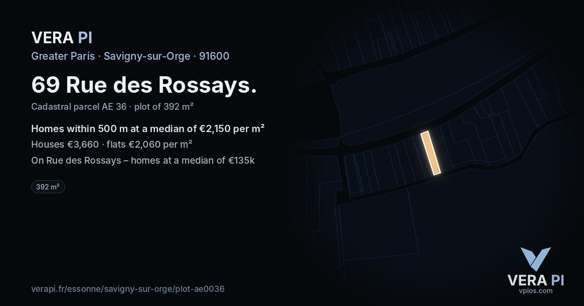 69 Rue des Rossays, Savigny-sur-Orge at night – the plot lit, the parcels around coloured by the prices near them