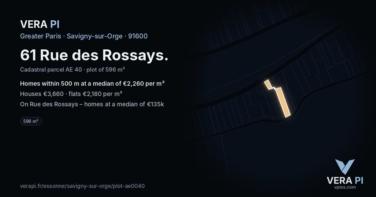61 Rue des Rossays, Savigny-sur-Orge at night – the plot lit, the parcels around coloured by the prices near them