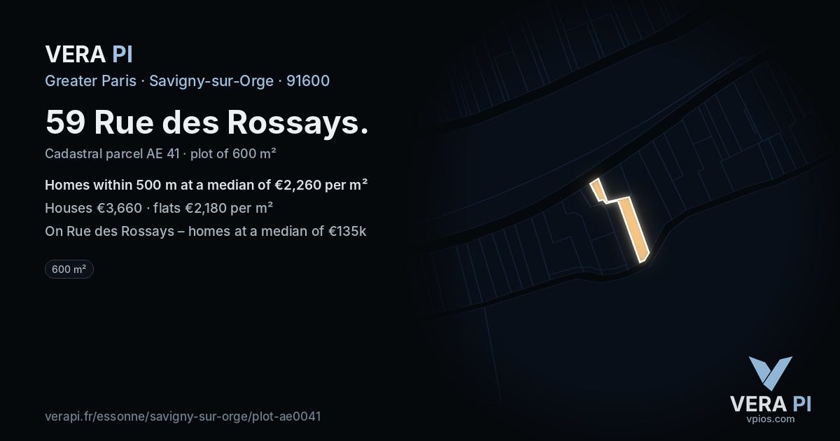 59 Rue des Rossays, Savigny-sur-Orge at night – the plot lit, the parcels around coloured by the prices near them