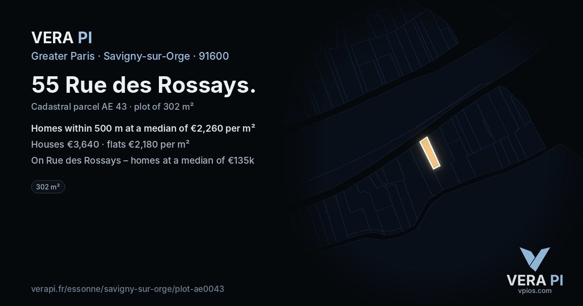 55 Rue des Rossays, Savigny-sur-Orge at night – the plot lit, the parcels around coloured by the prices near them