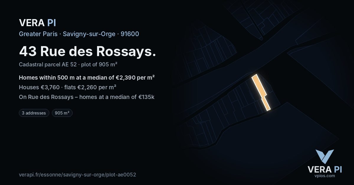 43 Rue des Rossays, Savigny-sur-Orge at night – the plot lit, the parcels around coloured by the prices near them