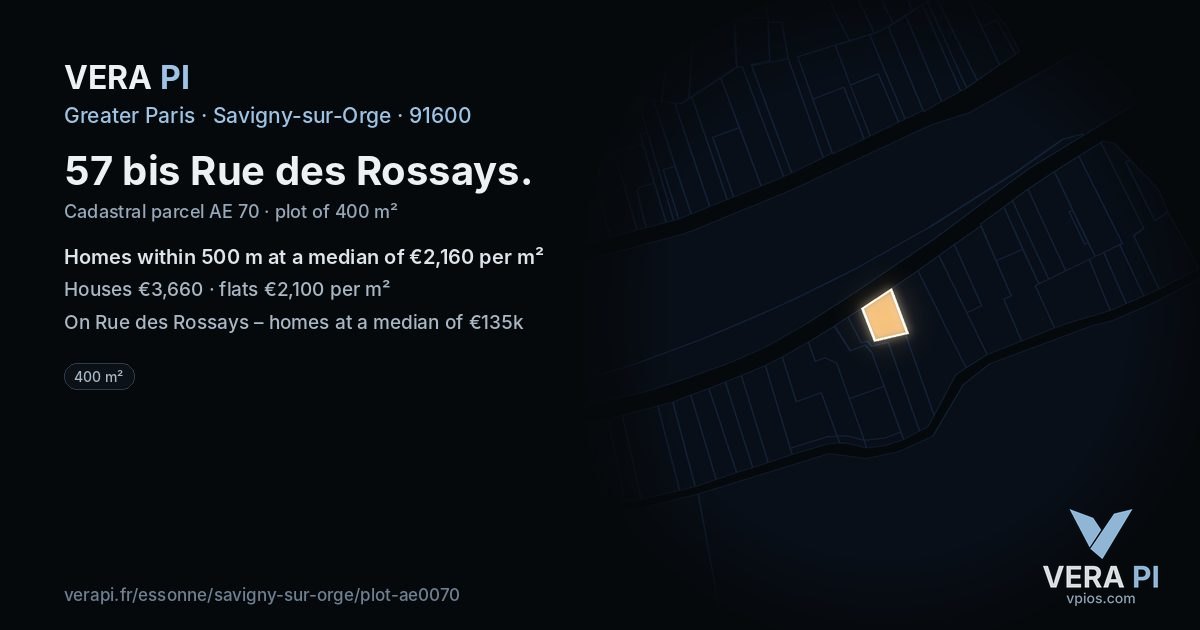 57 bis Rue des Rossays, Savigny-sur-Orge at night – the plot lit, the parcels around coloured by the prices near them