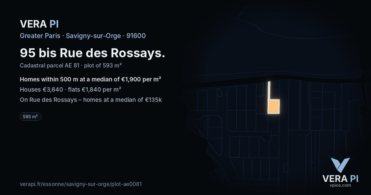 95 bis Rue des Rossays, Savigny-sur-Orge at night – the plot lit, the parcels around coloured by the prices near them