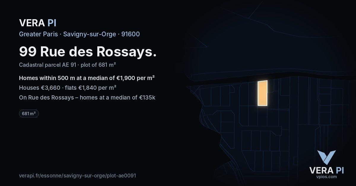 99 Rue des Rossays, Savigny-sur-Orge at night – the plot lit, the parcels around coloured by the prices near them