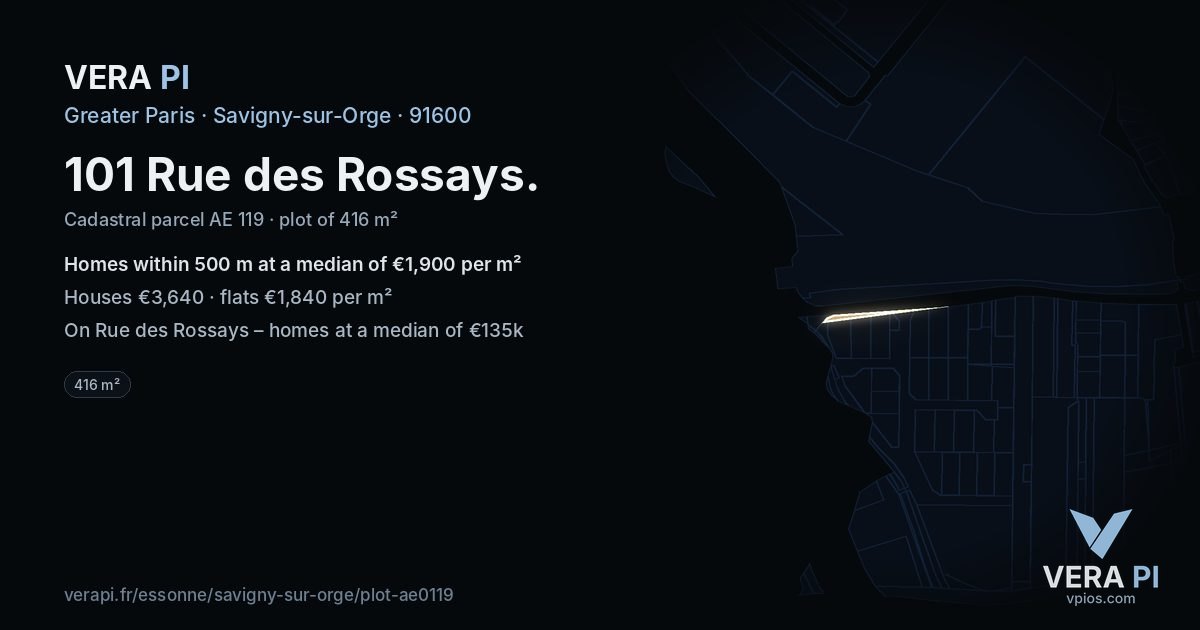 101 Rue des Rossays, Savigny-sur-Orge at night – the plot lit, the parcels around coloured by the prices near them