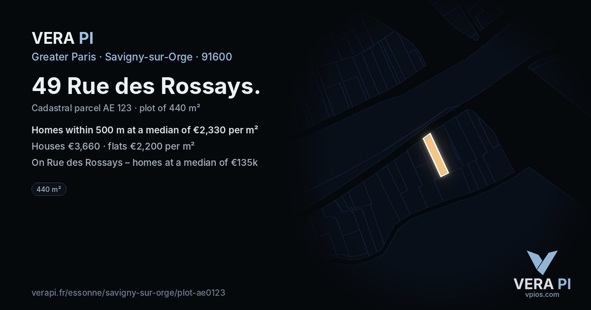 49 Rue des Rossays, Savigny-sur-Orge at night – the plot lit, the parcels around coloured by the prices near them