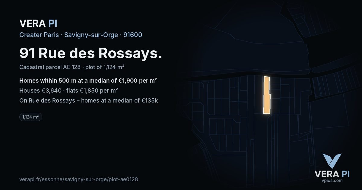 91 Rue des Rossays, Savigny-sur-Orge at night – the plot lit, the parcels around coloured by the prices near them