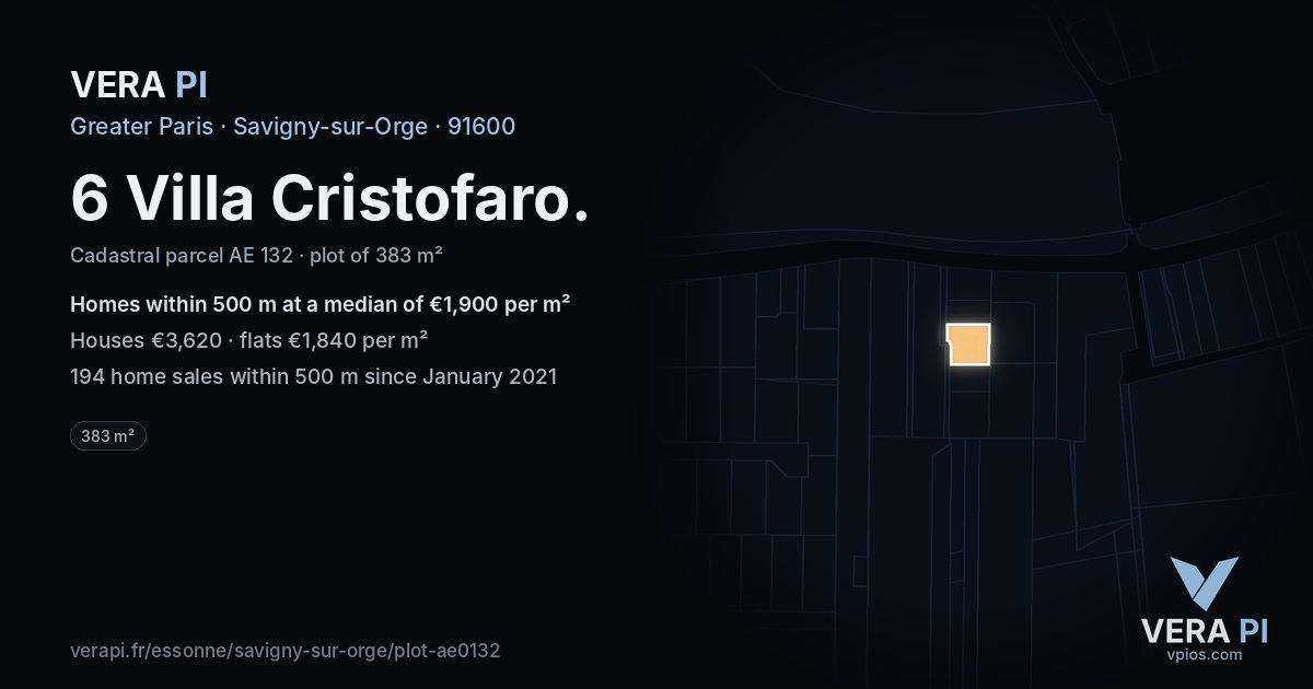 6 Villa Cristofaro, Savigny-sur-Orge at night – the plot lit, the parcels around coloured by the prices near them