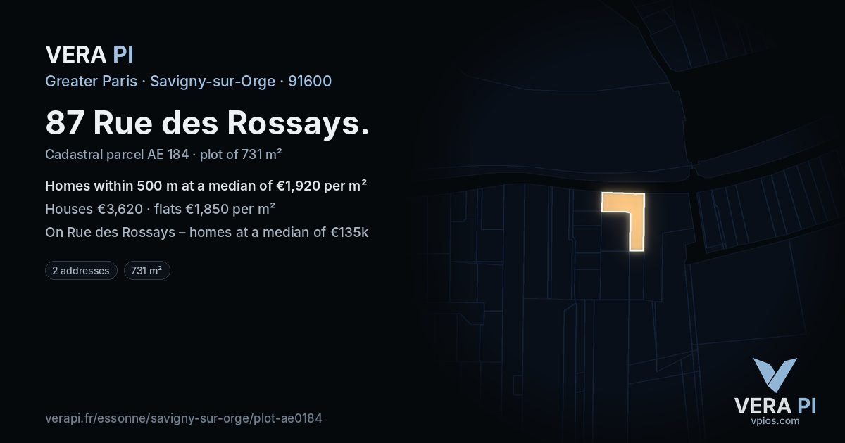87 Rue des Rossays, Savigny-sur-Orge at night – the plot lit, the parcels around coloured by the prices near them