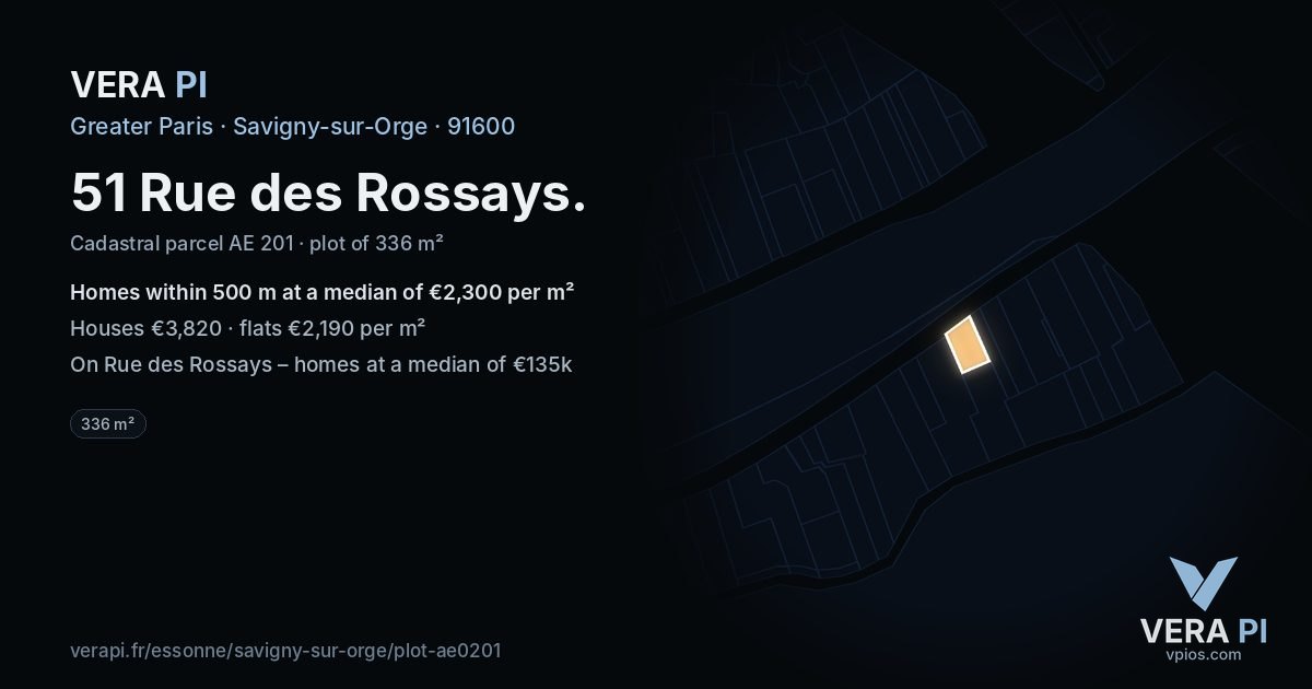 51 Rue des Rossays, Savigny-sur-Orge at night – the plot lit, the parcels around coloured by the prices near them