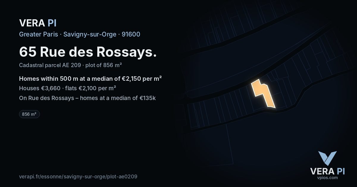 65 Rue des Rossays, Savigny-sur-Orge at night – the plot lit, the parcels around coloured by the prices near them