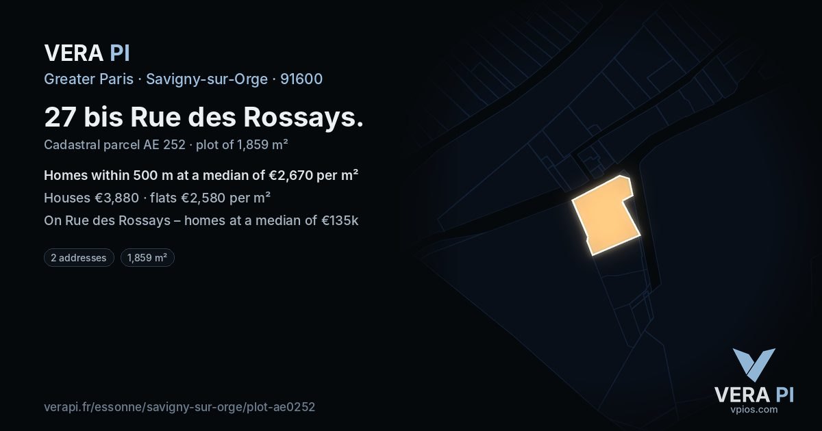 27 bis Rue des Rossays, Savigny-sur-Orge at night – the plot lit, the parcels around coloured by the prices near them