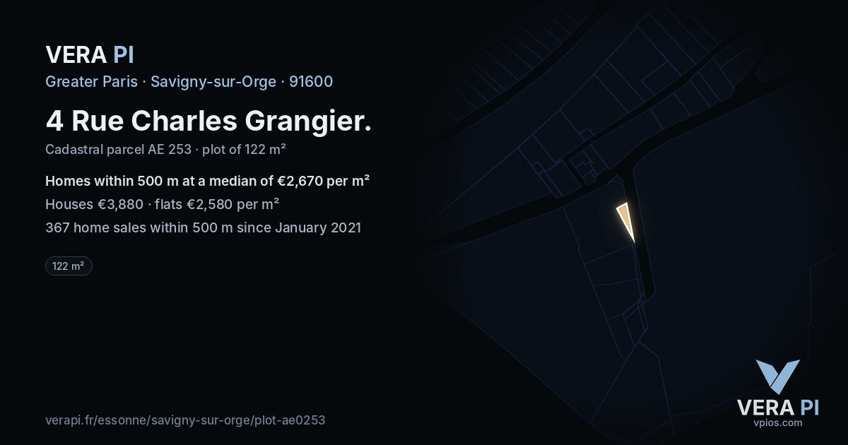 4 Rue Charles Grangier, Savigny-sur-Orge at night – the plot lit, the parcels around coloured by the prices near them