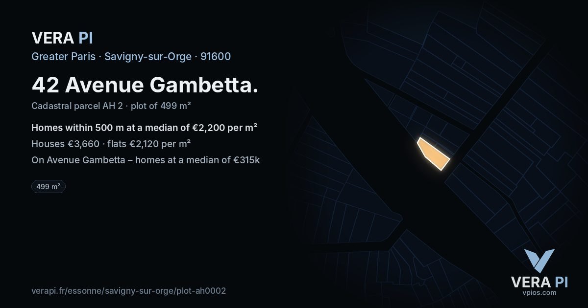 42 Avenue Gambetta, Savigny-sur-Orge at night – the plot lit, the parcels around coloured by the prices near them