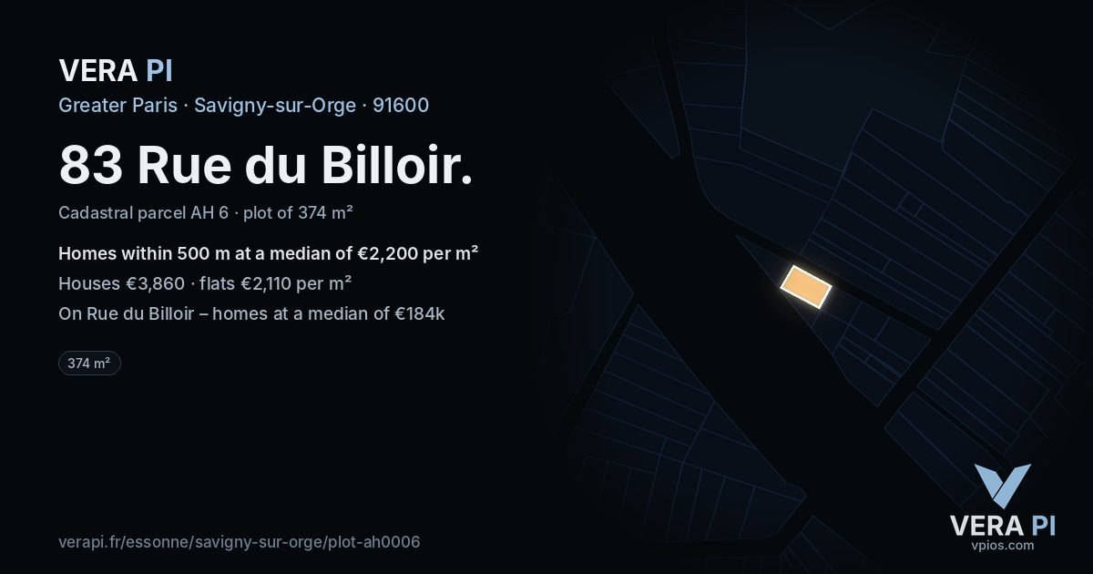 83 Rue du Billoir, Savigny-sur-Orge at night – the plot lit, the parcels around coloured by the prices near them