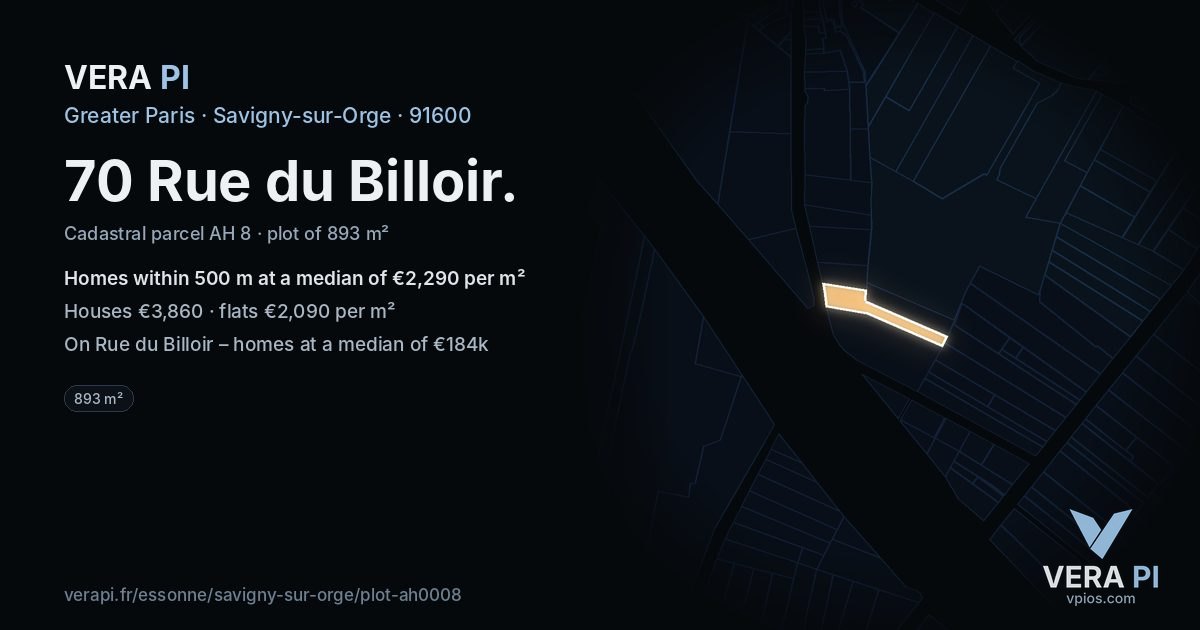 70 Rue du Billoir, Savigny-sur-Orge at night – the plot lit, the parcels around coloured by the prices near them