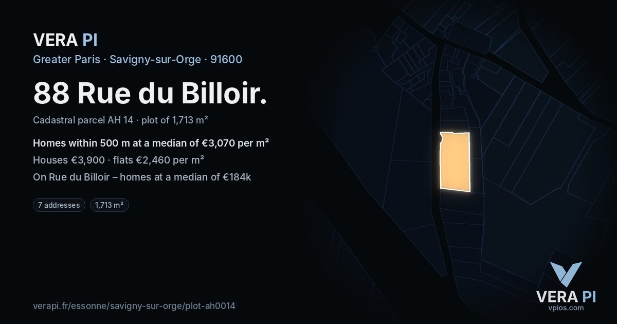 88 Rue du Billoir, Savigny-sur-Orge at night – the plot lit, the parcels around coloured by the prices near them