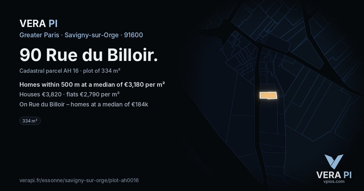 90 Rue du Billoir, Savigny-sur-Orge at night – the plot lit, the parcels around coloured by the prices near them