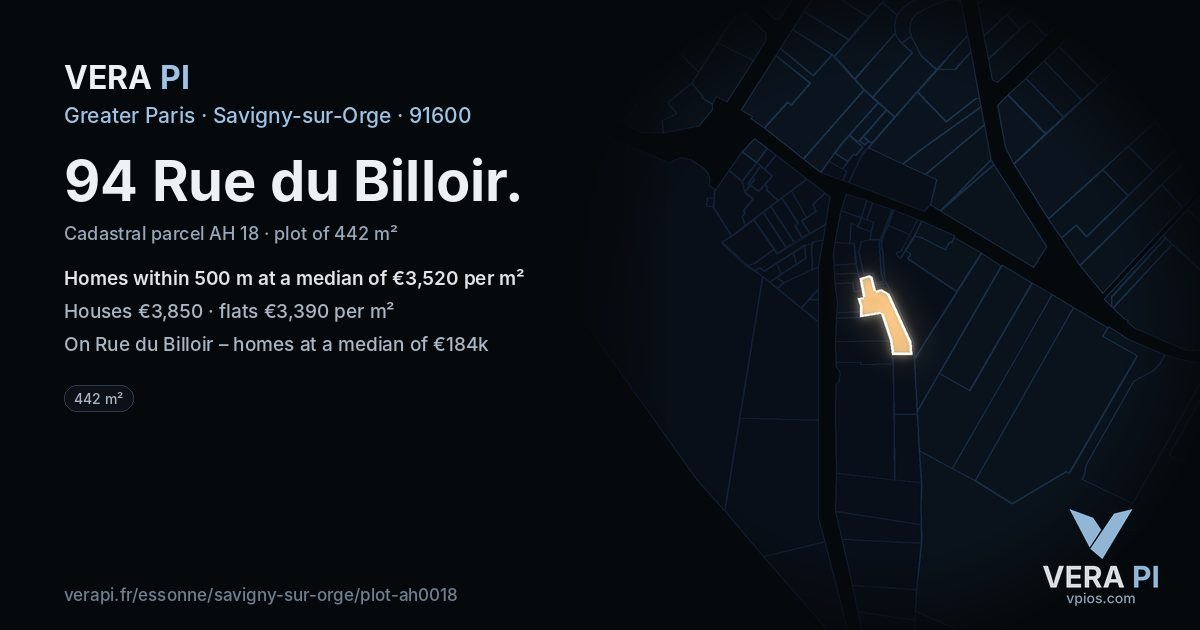 94 Rue du Billoir, Savigny-sur-Orge at night – the plot lit, the parcels around coloured by the prices near them