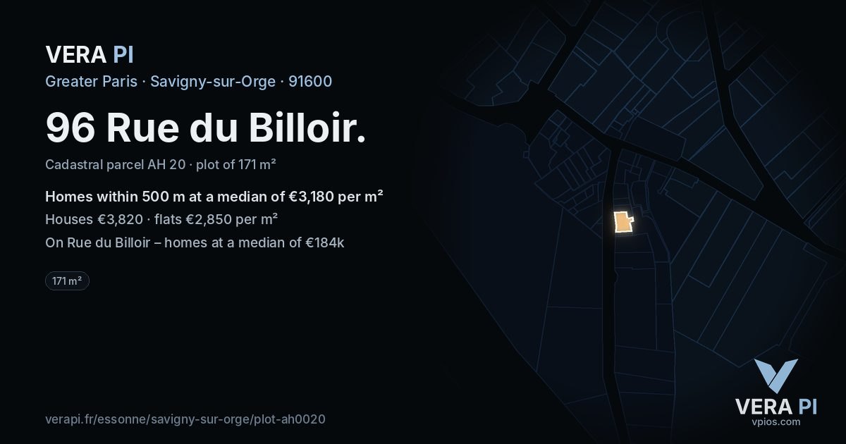 96 Rue du Billoir, Savigny-sur-Orge at night – the plot lit, the parcels around coloured by the prices near them