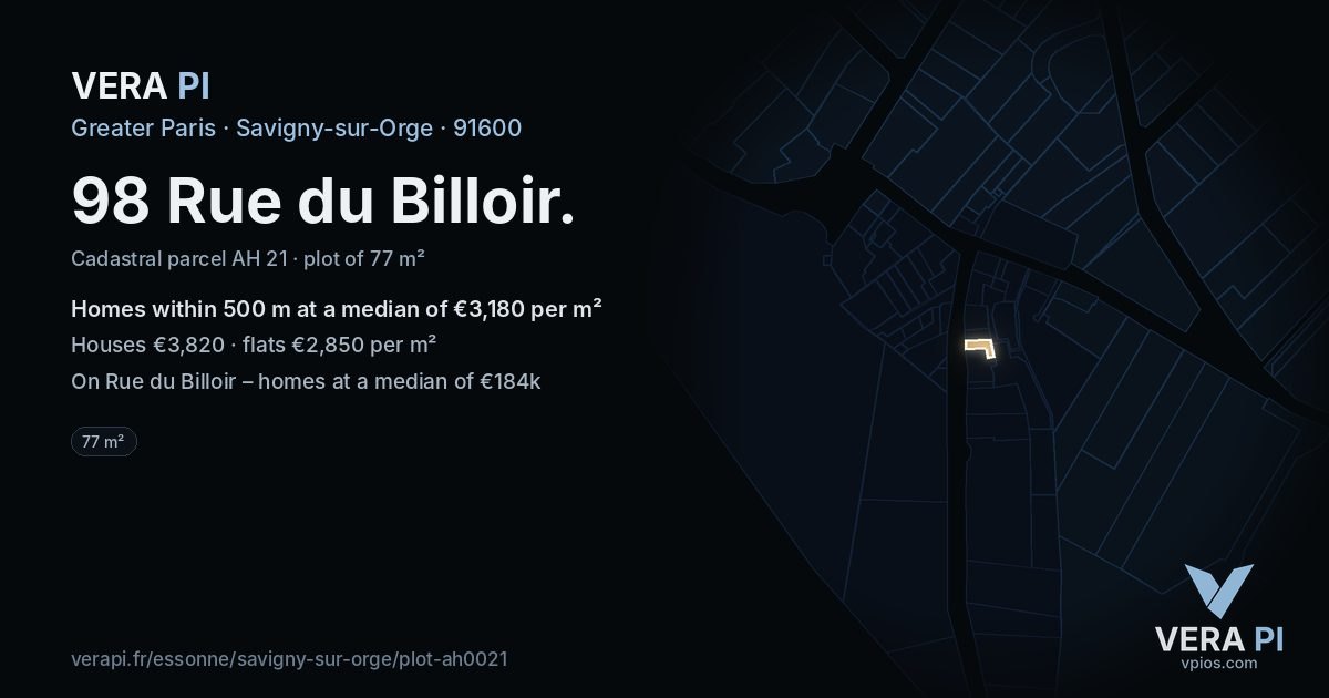 98 Rue du Billoir, Savigny-sur-Orge at night – the plot lit, the parcels around coloured by the prices near them