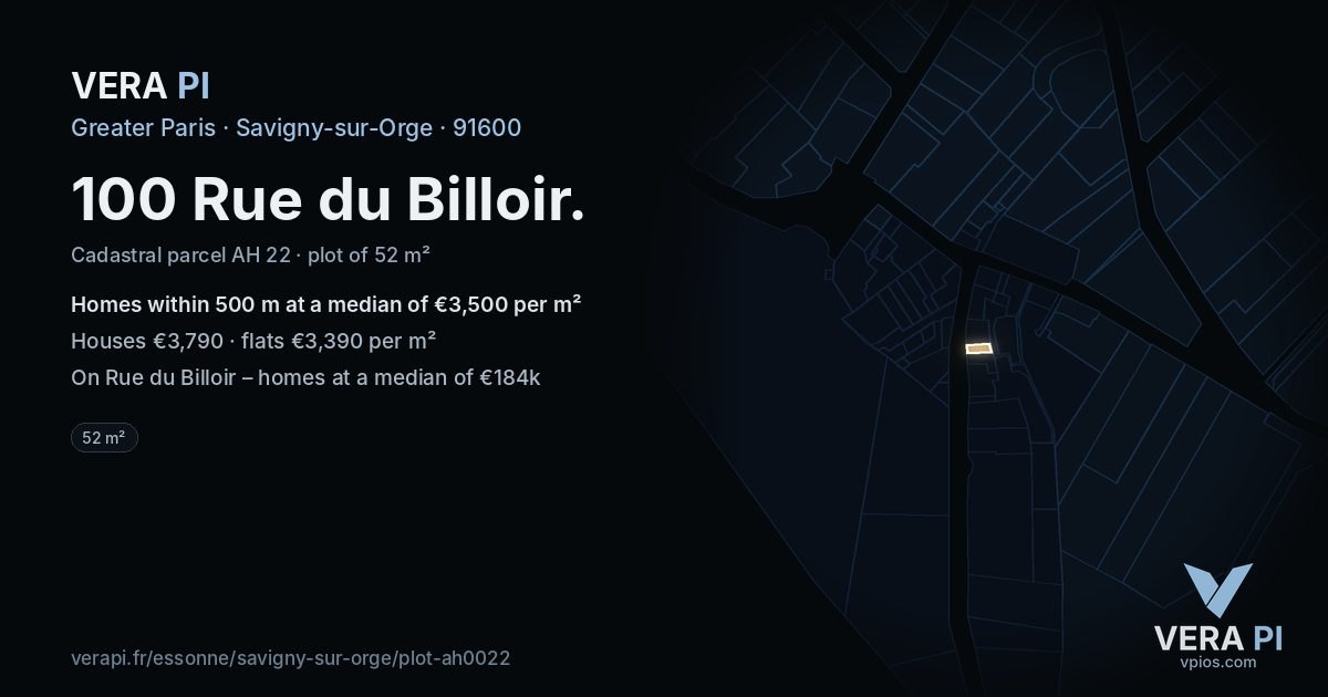 100 Rue du Billoir, Savigny-sur-Orge at night – the plot lit, the parcels around coloured by the prices near them