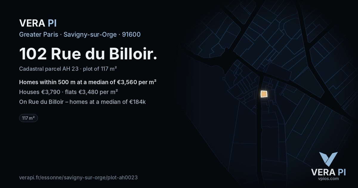 102 Rue du Billoir, Savigny-sur-Orge at night – the plot lit, the parcels around coloured by the prices near them