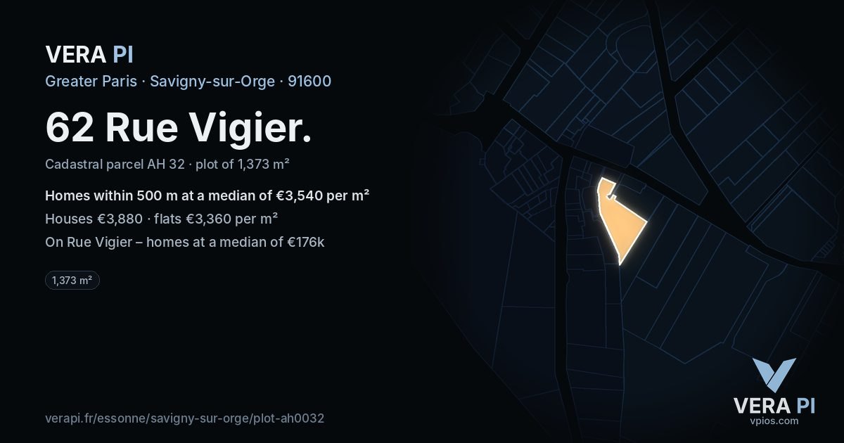 62 Rue Vigier, Savigny-sur-Orge at night – the plot lit, the parcels around coloured by the prices near them